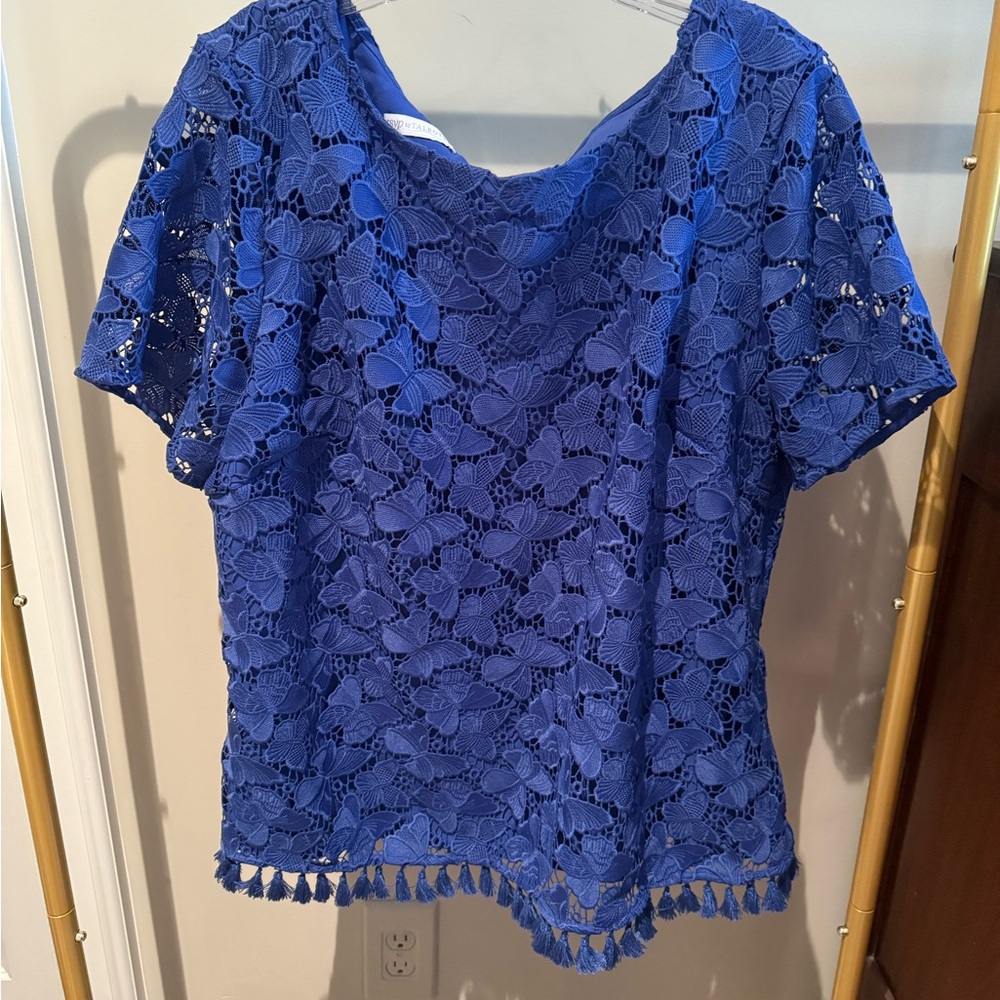 Talbots Blue Flutter Sleeve Embellished Blouse